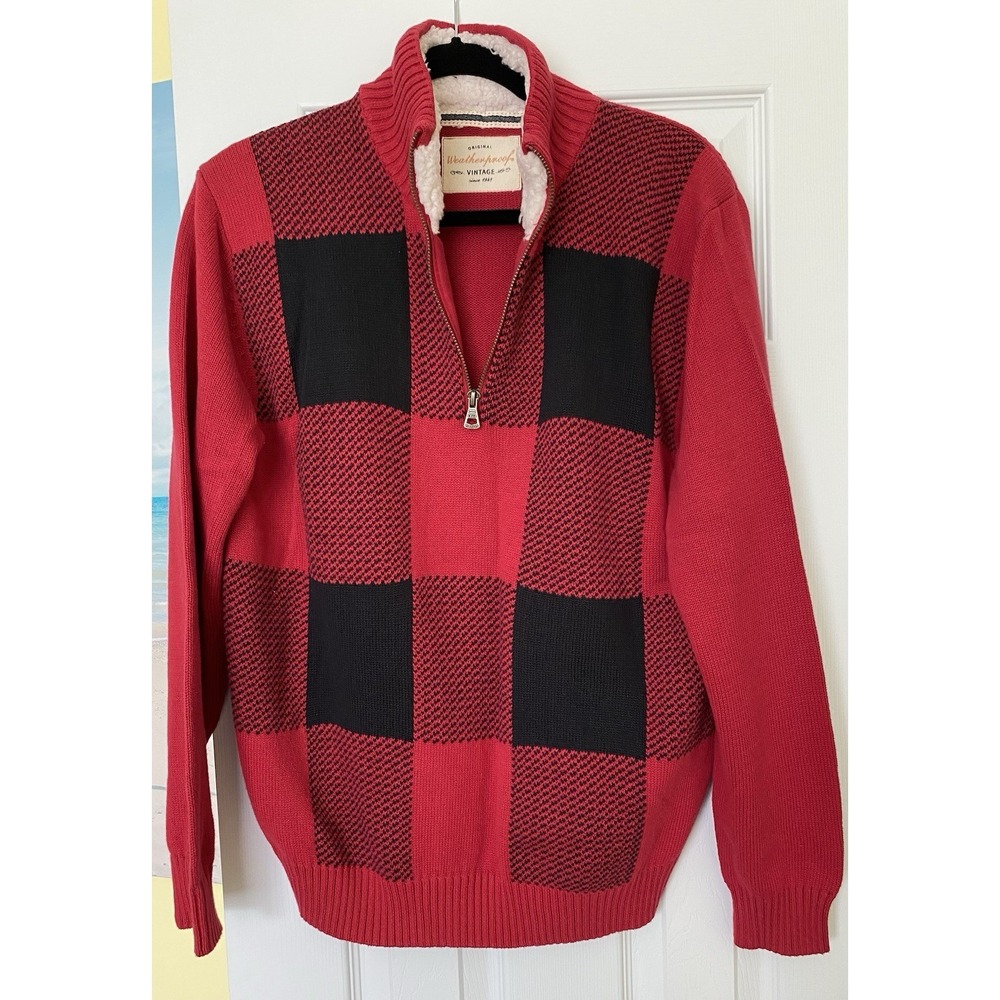 Weatherproof VINTAGE 100%Cotton Mens 1/4 Zip Pullover Sweater Red/black Sz M